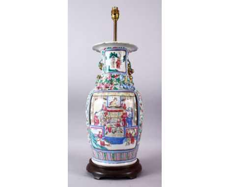 A 19TH CENTURY CHINESE CANTON FAMILLE ROSE PORCELAIN VASE, decorated with two main panels of important figures and warriors, 