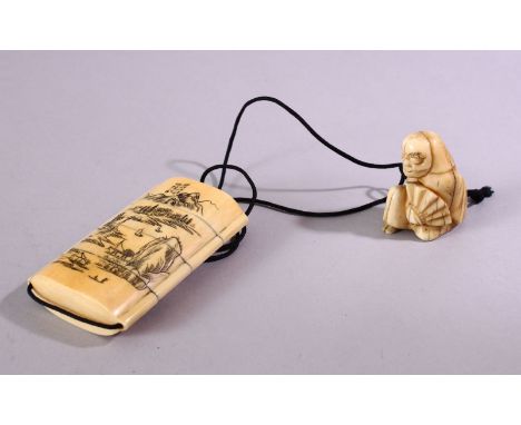 A JAPANESE MEIJI PERIOD CARVED IVORY THREE CASE INRO &amp; NETSUKE, The inro carved with native landscape scenes and figures 