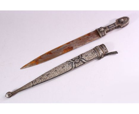 A 19TH CENTURY RUSSIAN KINJAL DAGGER with niello decoration to the scabbard and hilt, 47cm long.