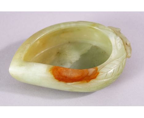A GOOD 19TH CENTURY JADE LEAF SHAPED BRUSH WASHER, the sides carved with leaves, 13cm x 9cm.