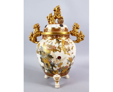 A LARGE JAPANESE MEIJI PERIOD SATSUMA MORIAGE CERAMIC KORO &amp; COVER, the body with twin moulded Shi - Shi handles, the lid