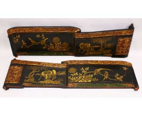 A PAIR OF CHINESE CARVED, LACQUERED AND GILDED SCROLL END PANELS, each decorated with birds on a branch and horses in a field