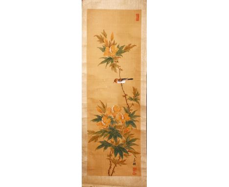 FOUR SMALL CHINESE SCROLL PAINTINGS, depicting birds on branches (AF), largest image 95cm x 29cm.