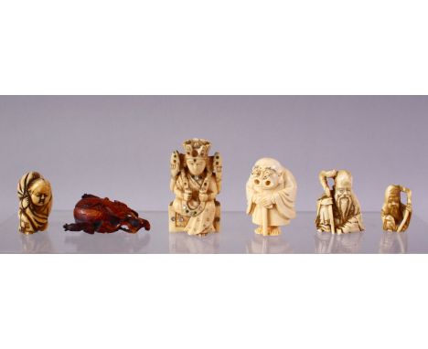 A LOT OF SIX JAPANESE MEIJI PERIOD CARVED IVORY NETSUKE, one of a seated and inlaid goddess, 6cm, two lucky gods, and three o