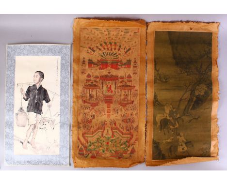 A LOT OF THREE CHINESE PAINTED PRINTED SCROLLS, one painted depicting a boy and his dog, signed upper right section, 54cm, th