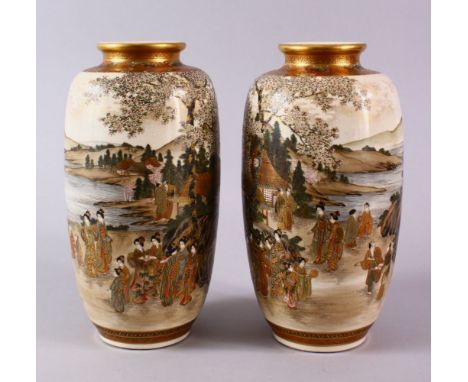 A LARGE AND FINE PAIR OF JAPANESE MEIJI PERIOD SATSUMA POTTERY VASES BY KIZAN - the large pair finely decorated with scenes o