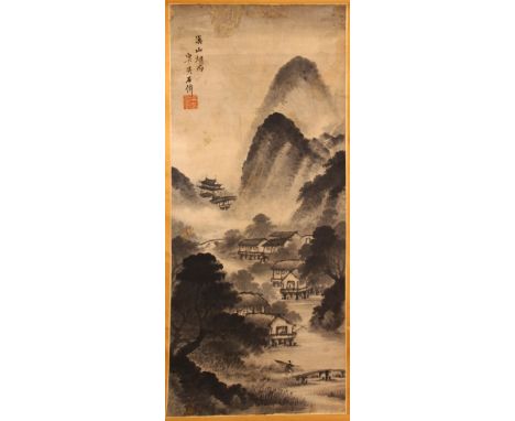 A GOOD 19TH/20TH CENTURY CHINESE SCROLL PAINTING, depicting a mountainous landscape with buildings and temples, signed, image