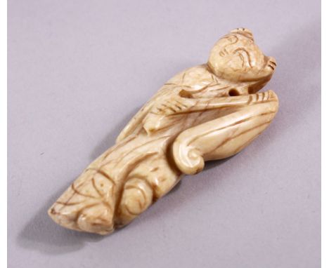 A SMALL 19TH CENTURY CHINESE SOAPSTONE NETSUKE OF A MAN, 7cm.