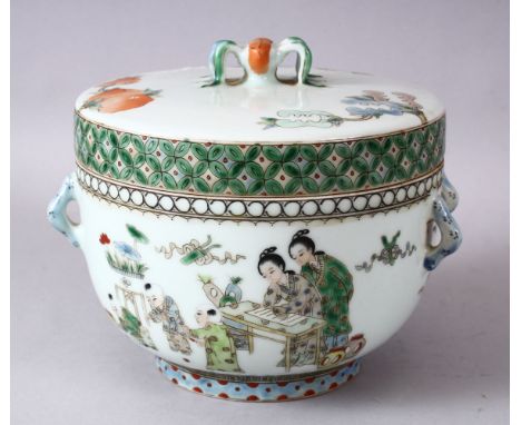 A CHINESE FAMILLE VERTE PORCELAIN BOWL &amp; COVER, decorated with peach fruits, and figures and children seated, surrounded 