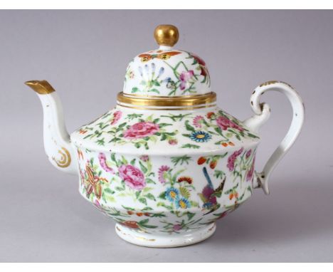 A 19TH / 20TH CENTURY CHINESE CANTON FAMILLE ROSE PORCELAIN TEAPOT, decorated with sprays of native flora upon a white ground