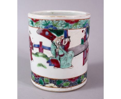 A FINE 19TH CENTURY CHINESE FAMILLE ROSE PORCELAIN CYLINDRICAL BUSH POT, the body with two band of floral enamel decoration e