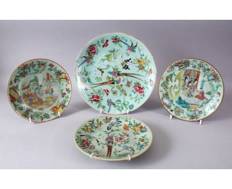 4 X 19TH CENTURY CHINESE CELADON FAMILLE ROSE PORCELAIN PLATES, one larger decorated with birds and butterfly amongst native 