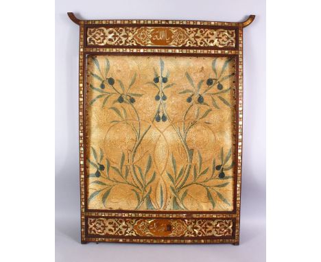 A LARGE MOTHER OF PEARL INLAID WOOD FIRE SCREEN - WITH AN EMBROIDERED NOVEAU STYLE PANEL, 89cm high x 69cm wide.