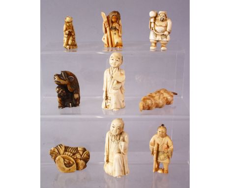 A LOT OF NINE JAPANESE MEIJI PERIOD CARVED IVORY / ANTLER NETSUKE -  A stag antler carved as a pepper, possibly a snuff bottl