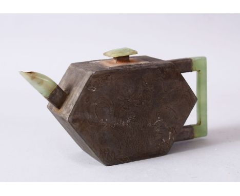 A CHINESE METAL &amp; JADE TEAPOT, the teapot body formed from white metal and carved with scenes of shou lao and deer, with 