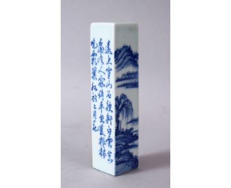 A CHINESE BLUE &amp; WHITE PORCELAIN SCHOLARS WAX SEAL, the body decorated with landscape views and calligraphy, the undersid