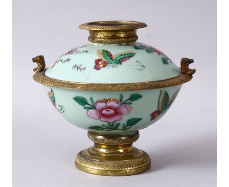 A CHINESE 19TH / 20TH CENTURY CELADON METAL MOUNTED  BOWL AND COVER, the bowl with a celadon ground with decoration depicting