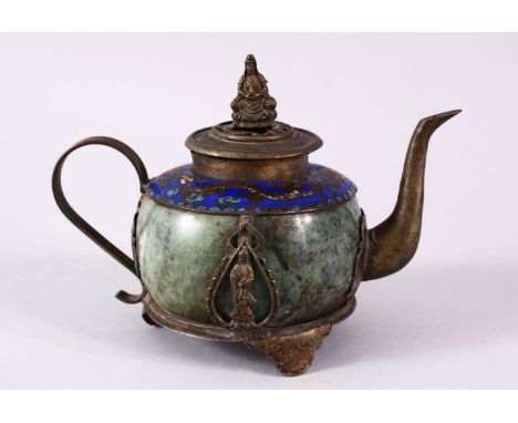 A 19TH CENTURY CHINESE BUDDHIST CARVED JADE / HARDSTONE &amp; CLOISONNE TEAPOT, the body formed from carved jade or hard ston
