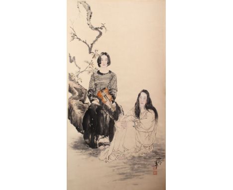 A GOOD CHINESE PAINTED SCROLL OF TWO LADIES, both seated in a landscape scene playing musical instrument, the lower section w