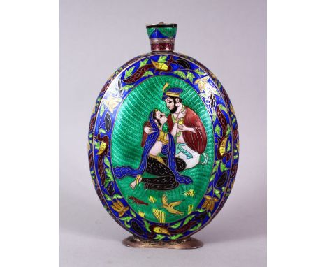 A FINE INDIAN ENAMELLED SILVER PERFUME FLASK, decorated to each side with a panel depicting a courting couple, 14cm high.