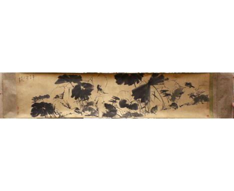 A VERY LARGE CHINESE PAINTED SCROLL OF BIRDS AND FLORA, with an upper let band of calligraphy and seal to the right section.