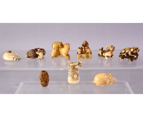 A LOT OF EIGHT JAPANESE MEIJI / EDO PERIOD CARVED IVORY NETSUKE &amp; OJIME, one possibly later edo period depicting a figure