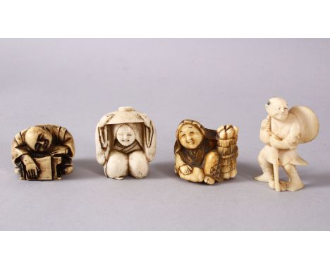 A JAPANESE MEIJI PERIOD CARVED IVORY NETSUKE &amp; THREE OTHERS, of a seated lady holding straw and a shell, himotoshi formed