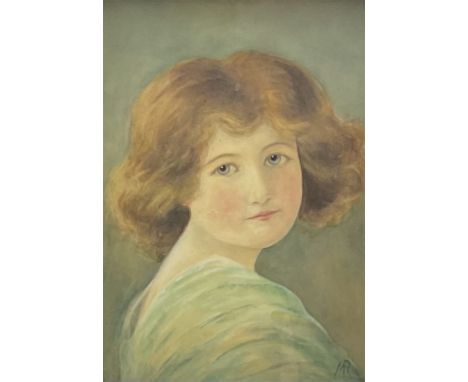English School (early 20th century): Portrait of a Young Girl, watercolour signed with initials MR 33cm x 24cm
