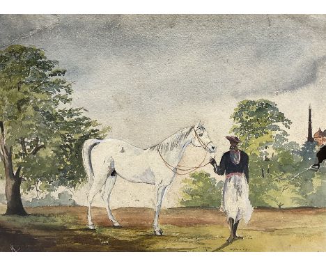 East India Company School (19th century): Portrait of a White Stallion with Handler in Landscape, watercolour signed with mon