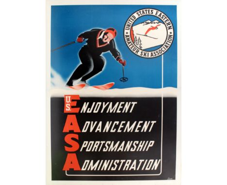 Original vintage skiing poster for the United States Eastern Amateur Ski Association featuring an image of a skier skiing dow