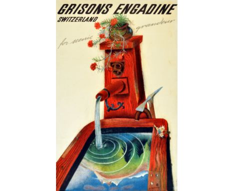 Original vintage travel poster for Grisons Engadine, Switzerland - for scenic grandeur. Image of a traditional wooden water p