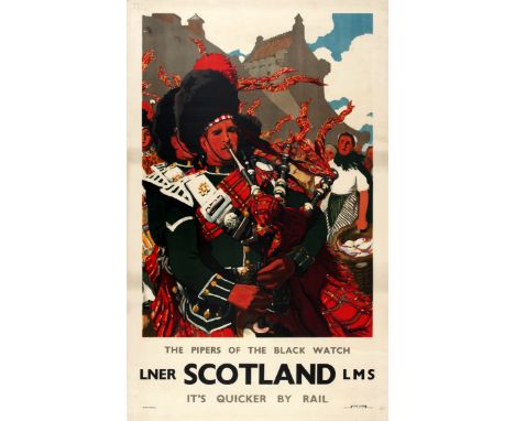 Original vintage travel advertising poster for Scotland - The Pipers of the Black Watch – LNER LMS – It's Quicker by Rail pub