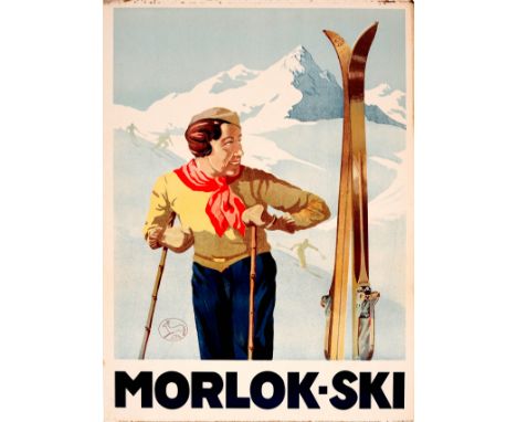 Original vintage skiing poster - Morlok - featuring a skier wearing colourful yellow and blue clothing and hat with a red sca