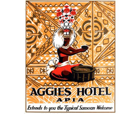 Original vintage travel advertising poster for Aggies Hotel Apia - Extends to you the Typical Samoan Welcome featuring a fant