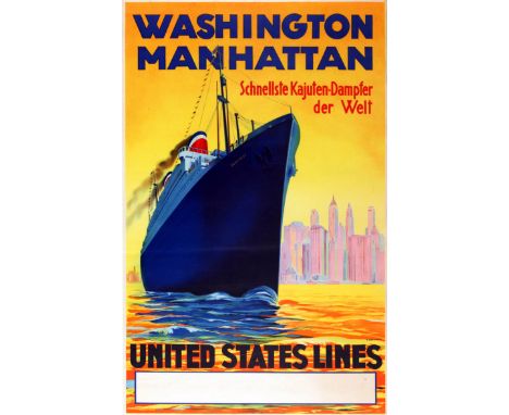 Original vintage cruise ship travel advertising poster in German: Washington - Manhattan Fastest Cabin Liners in the World / 