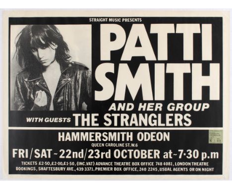 Advertising Poster - Patti Smith And Her Group - with guests The Stranglers.  Ticket to the gig attached to poster.  Hammersm