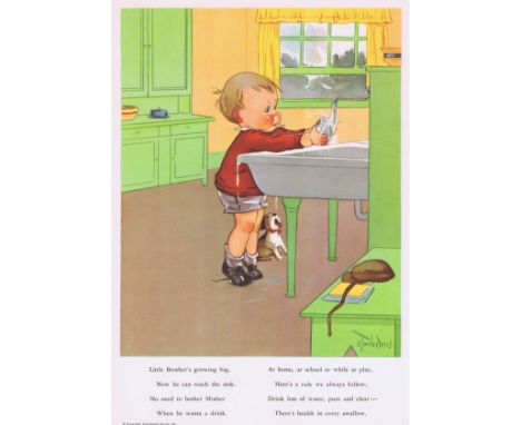 Original vintage poster promoting "good health habits in school and at home." One of a series featuring an older sister, her 