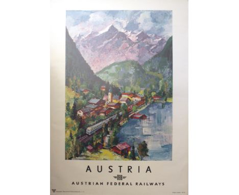 Original vintage travel advertising poster for Austria, Austrian Railways, featuring a train running along a lake by a countr