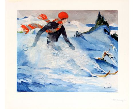 Original vintage skiing poster that shows an elegant lady wearing a red hat and scarf skiing on wooden skis through powder sn