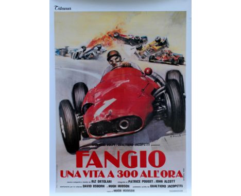 Original vintage movie poster for the Italian documentary film, Fangio: Una vita a 300 all'ora (Fangio: A Life at 300 an Hour