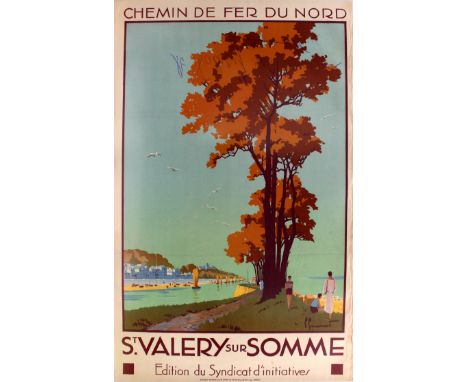 Original vintage poster advertising St Valery Sur Somme, a medieval village on the Somme in France. Image of people enjoying 