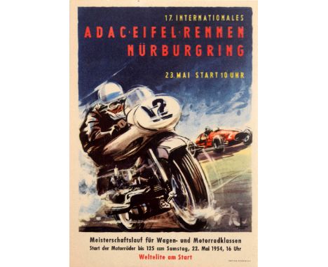 Original vintage sport poster in German for the 17th International ADAC Eifelrennen Championship Race for Cars and Motorbikes