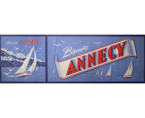 Original vintage food advertising poster for Annecy biscuits featuring an image of sailing boats in full sail with mountains 