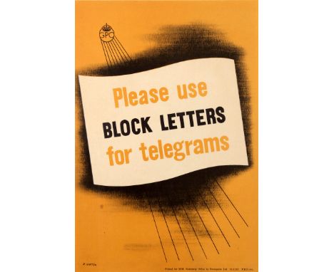 Original vintage Post Office advertising poster: Please use Block Letters for Telegrams published by the General Post Office 