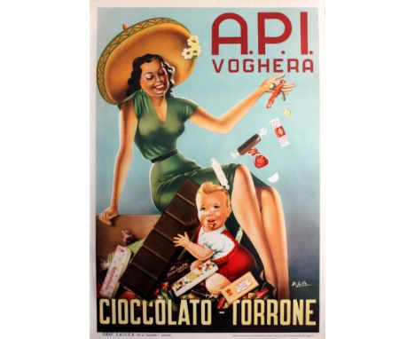 Original vintage advertising poster for A.P.I. Voghera chocolate featuring a fun image of an elegant lady wearing a hat and g
