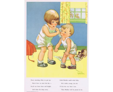Original vintage poster promoting "good health habits in school and at home." One of a series featuring an older sister, her 