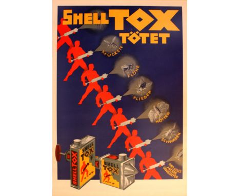 Original vintage Art Deco advertising poster for Shell Tox insecticide featuring a line up of men spraying different kinds of