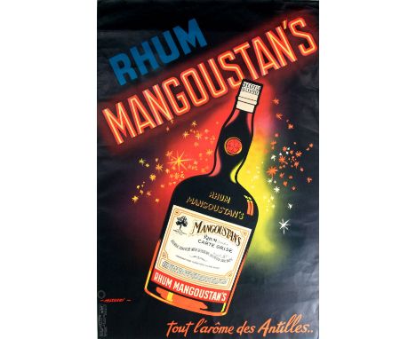 Original vintage drink advertising poster for Rhum Mangoustan's - all the aroma of the Antilles. Image of a bottle of rum wit