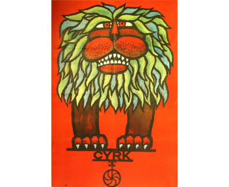 Original vintage Polish circus advertising poster: Cyrk, featuring a great image of a lion on a red background. Printed in Po