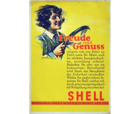 Original vintage advertising poster for Shell - pleasure and enjoyment. Great image of a smiling lady behind the wheel of a c